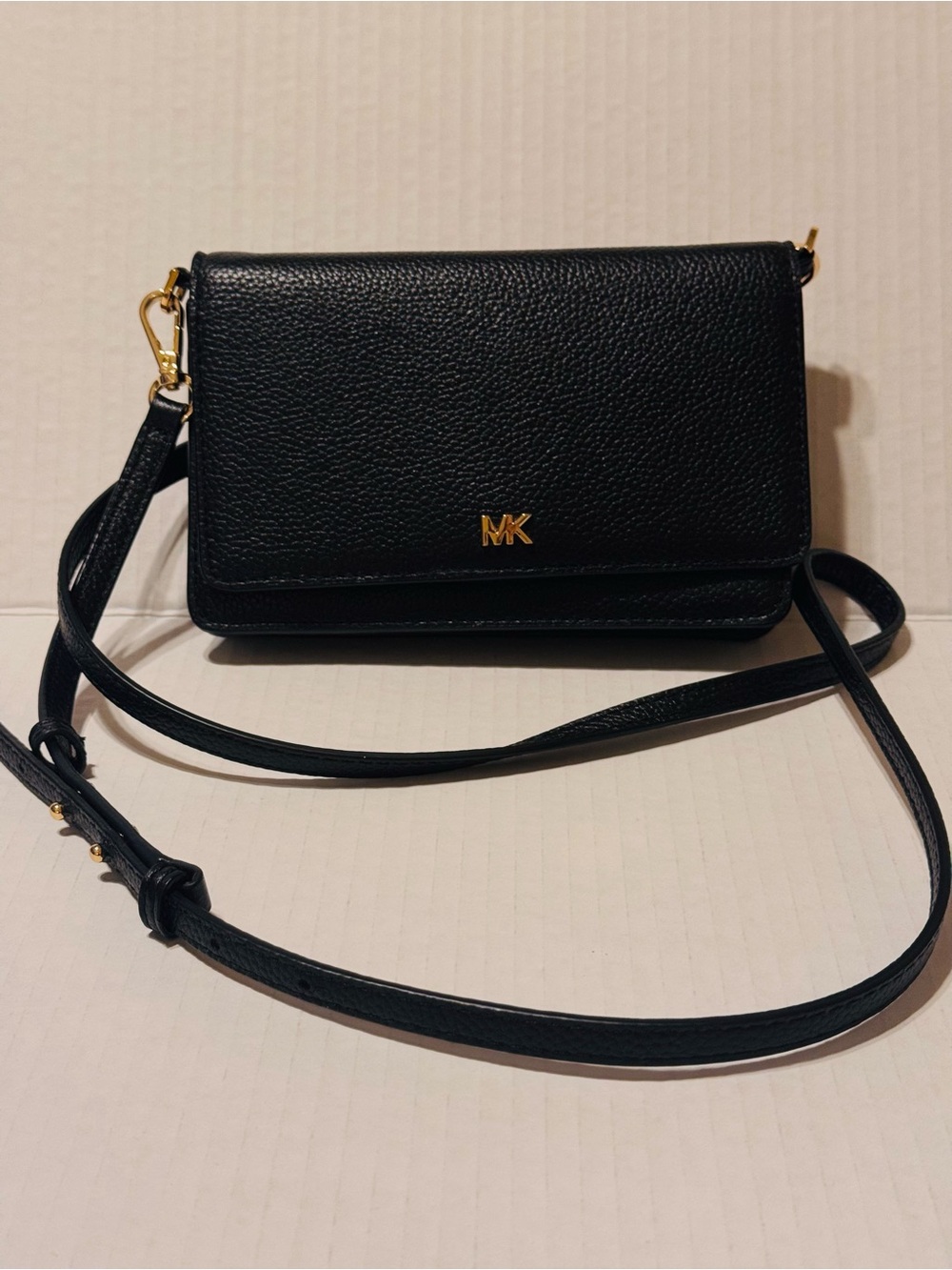 Michael Kors Black Leather Crossbody with Gold MK Logo